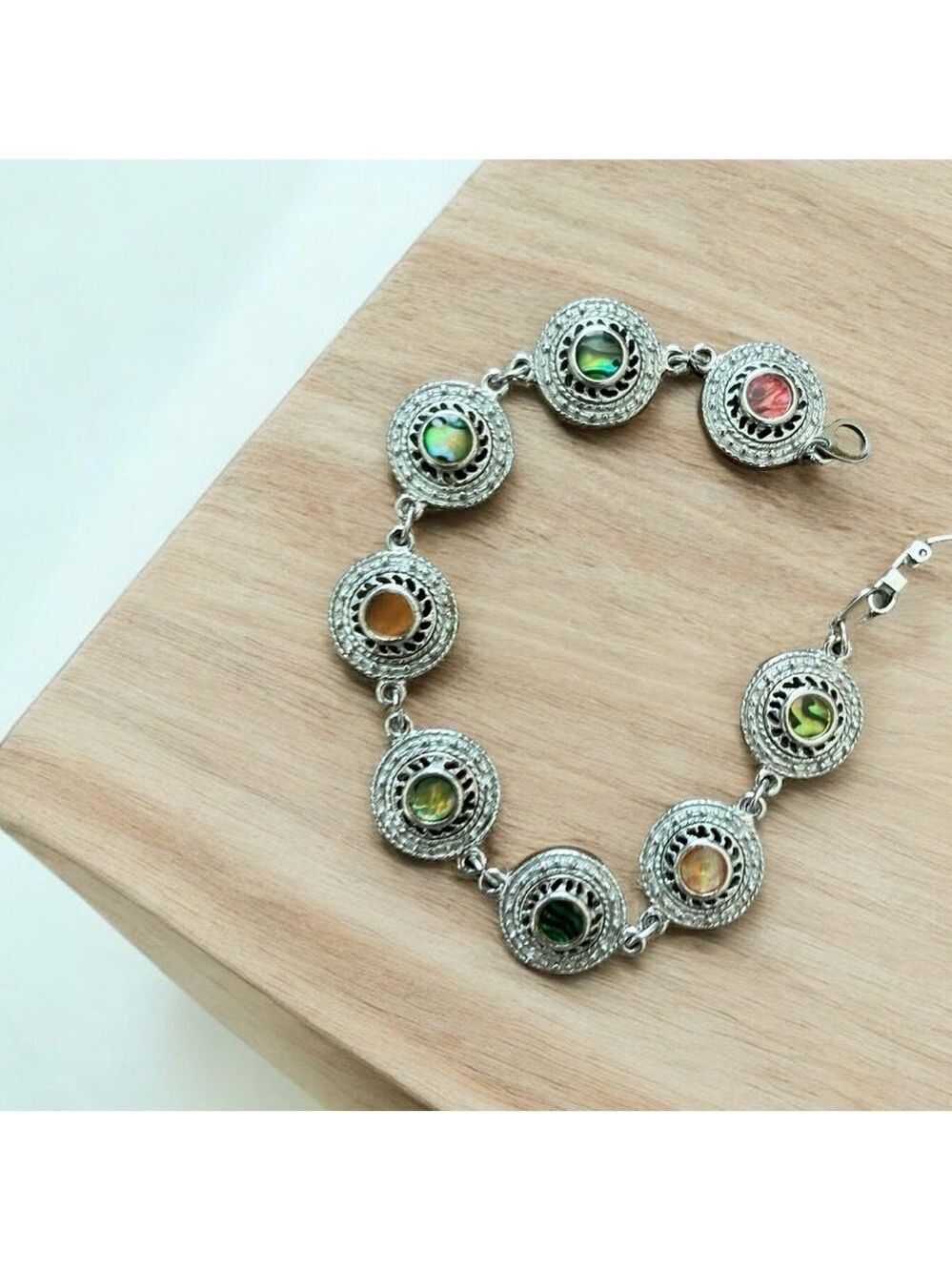 Silver-Tone Disc Bracelet, Abalone Centers, Round Filigreed Discs, Signe…